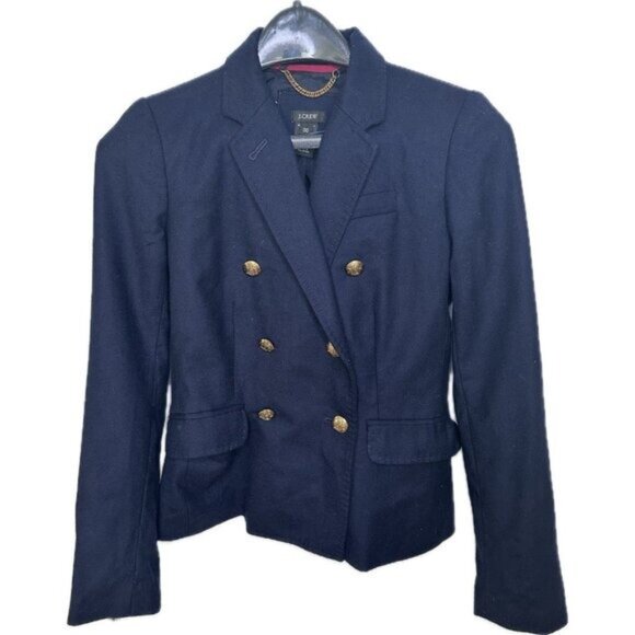 J. CREW Women’s DOUBLE-BREASTED BLAZER GOLD BUTTONS 100% WOOL 00 2XS Navy Blue - Picture 2 of 6